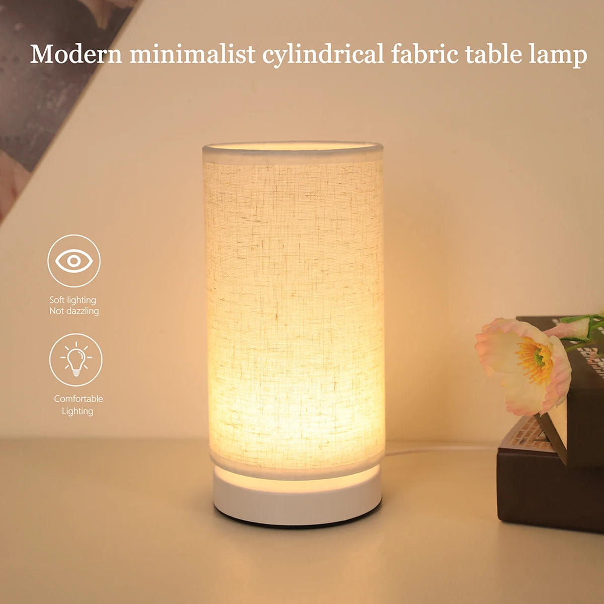 Fabric cylinder desk lamp linen lampshade LED home lighting decoration desk lamp suitable for bedroom lighting