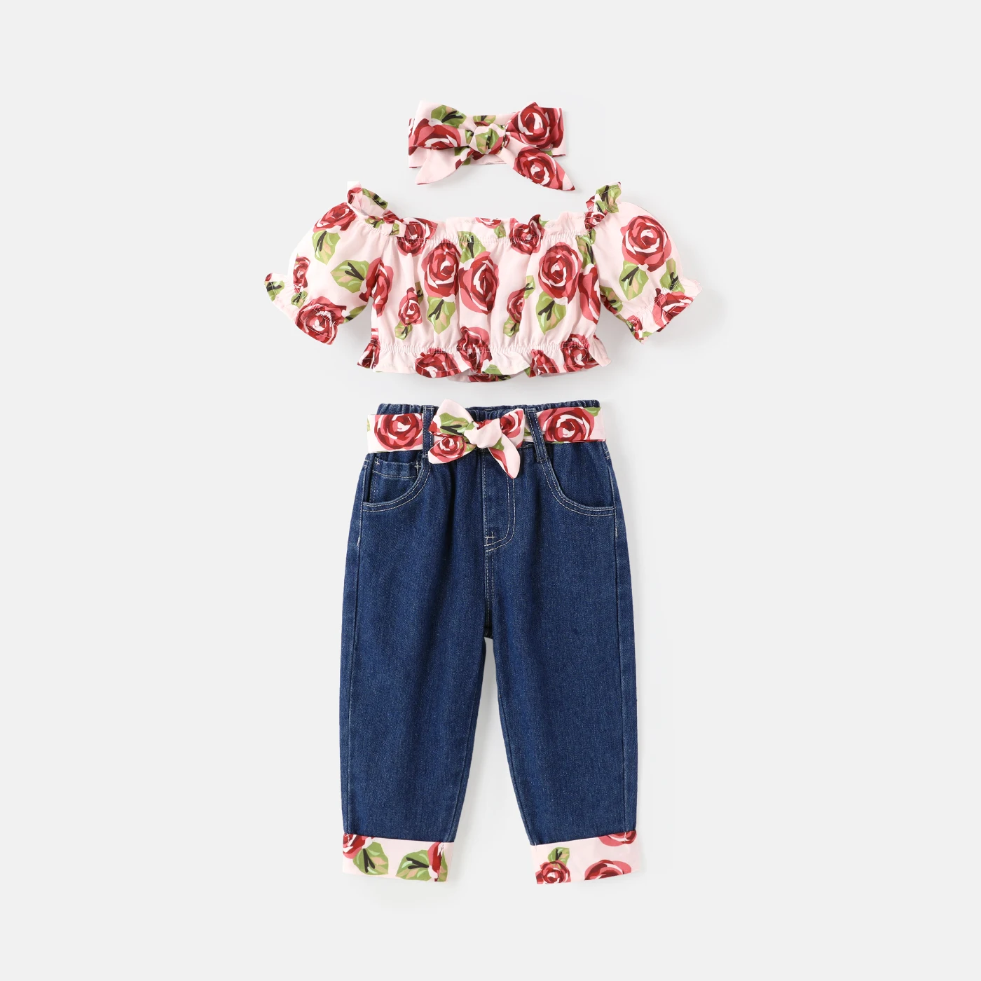 

PatPat 4pcs Baby Girl Allover Floral Print Off Shoulder Puff-sleeve Crop Top and Jeans with Belt & Headband Set