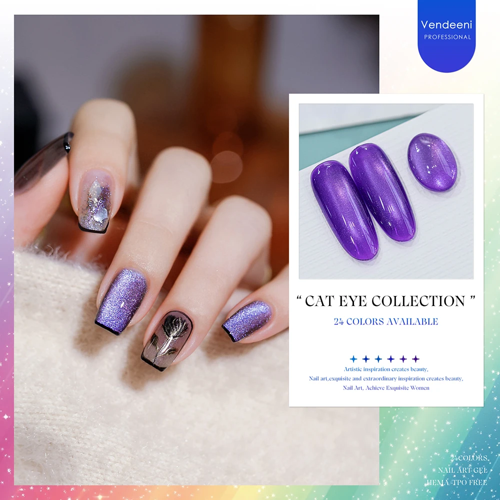 Vendeeni 24 Farben Regenbogen Pure Color Gel Nagellack Set Neon UV LED Soak Off Magnetischer Glitzer Katzenaugen Gel Nagellack mit Display – Detail 4