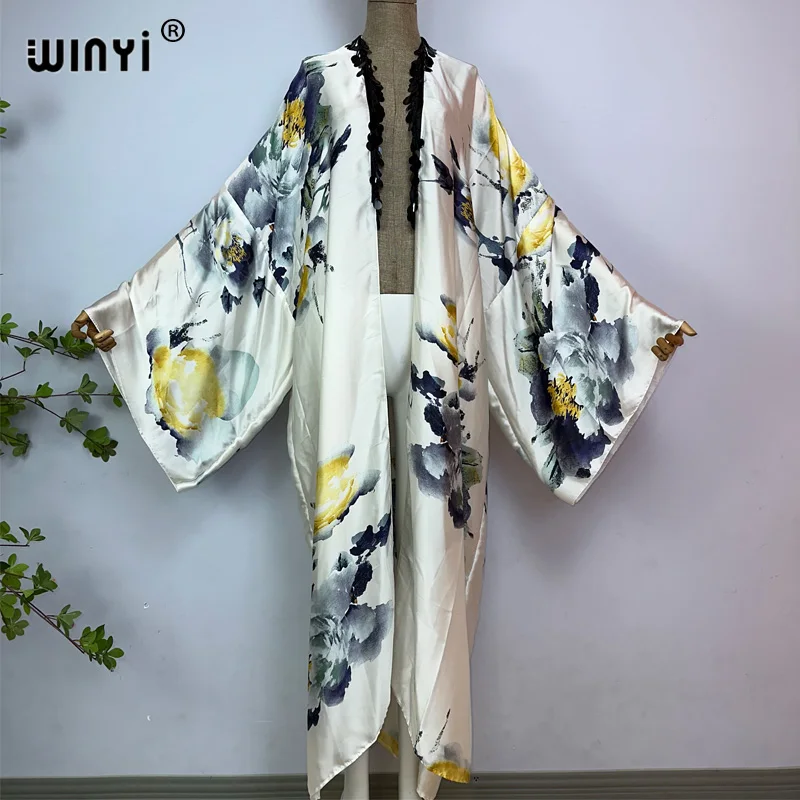 WINYI 2023 Summer Fringed Sequins Women Coat Loose Long Dress Elegant Party Boho Maxi Beach Holiday Swimming Cover Up Kimonos