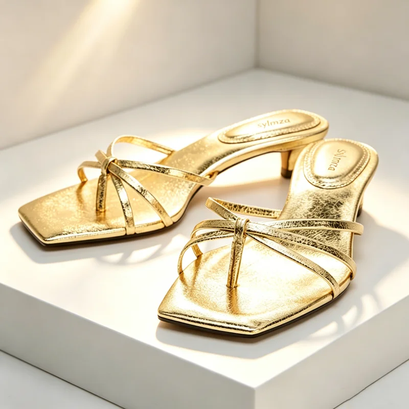 

Luxury Metallic Effect Kitten Heel Sandals Women Sexy Cross Strap High Heel Slippers for Ladies Summer Elegant Banquet Shoes