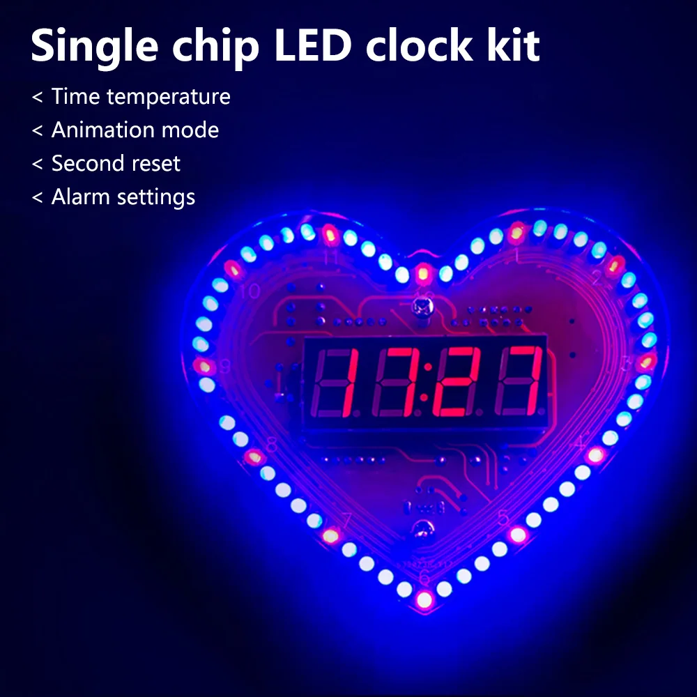 DIY Led Module Heart Shaped 4-Digit Clock Date/Time/Temperature/Week Alarm Clock Music Soldering Suite for Festival Decoration