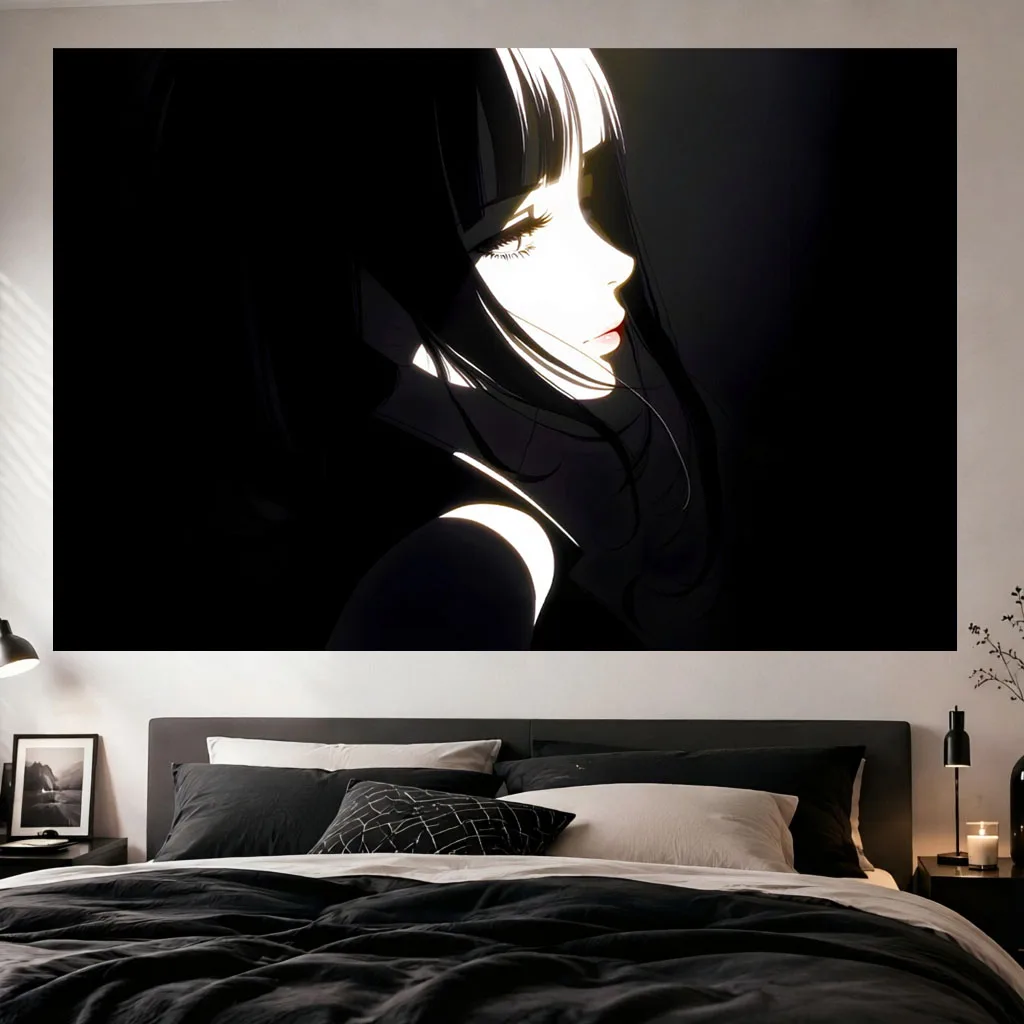 Moody Dark Anime Girl Wall Tapestry Black Hair Side Profile Dramatic Light Shadow Art Wall Hanging Dorm Bedroom Aesthetic Home