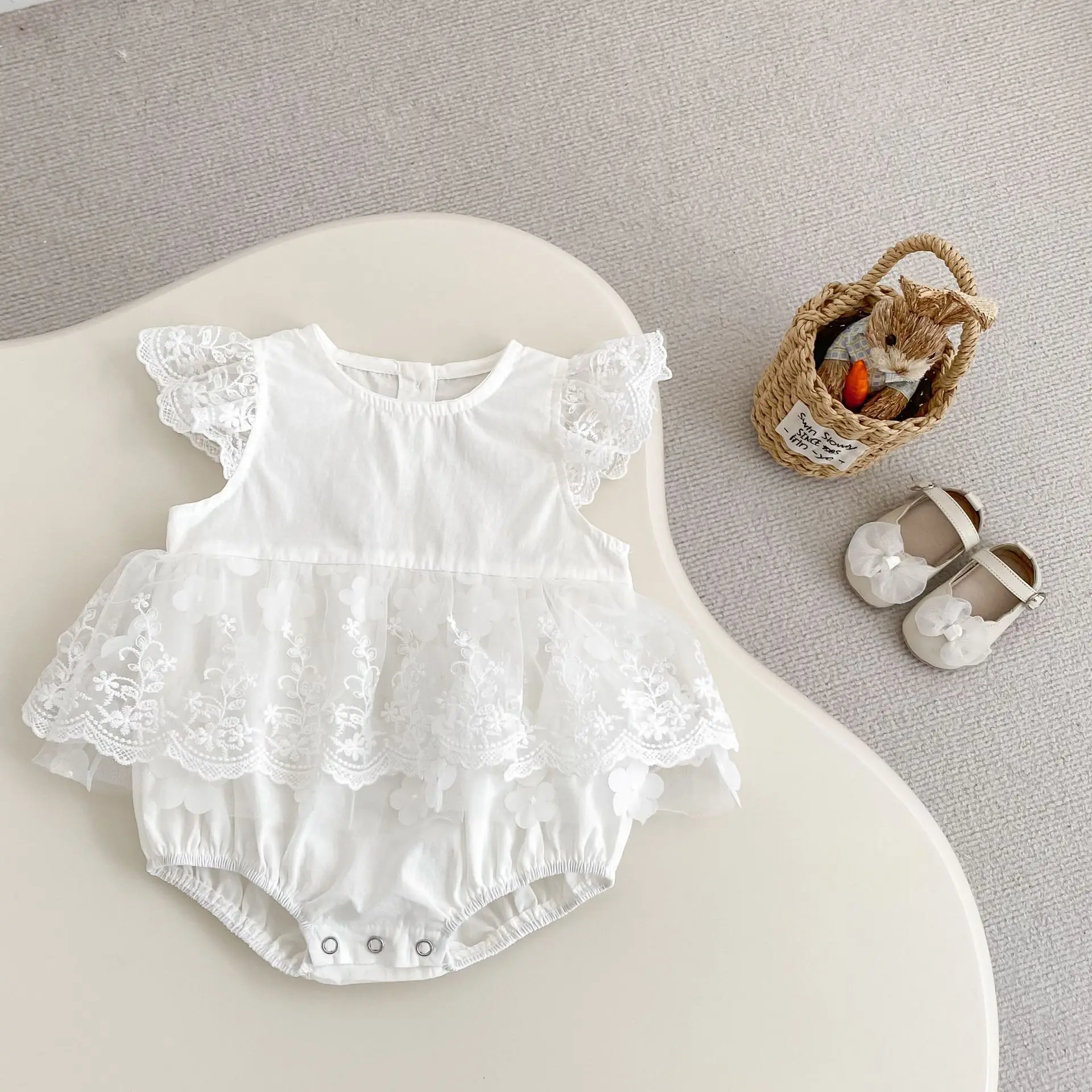 ملابس أطفال صيفية جديدة بعمر 0-3 سنوات، تنورة رائعة من قطعة واحدة بأكمام طائرة من الدانتيل مع رقبة دائرية للفتيات الصغيرات #3