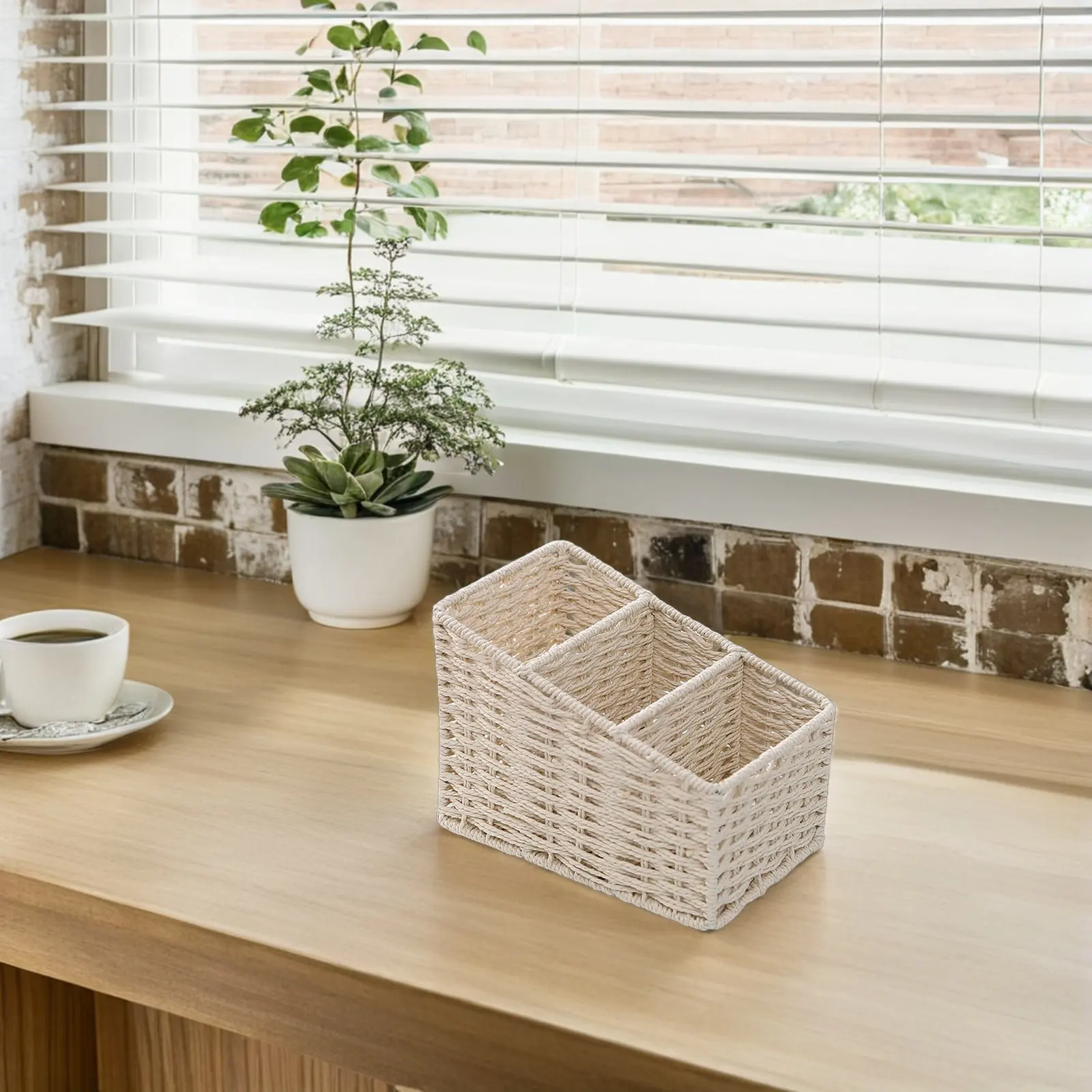 Desktop Storage Box Trapezoidal Shape 3 Compartments Simulated Hand-Woven Basket Waterproof Plastic Organizer Stable Iron Frame