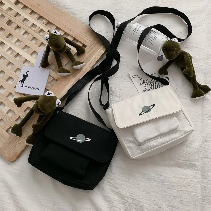 Unique Embroidery Earth Pattern Small Canvas Bag Female Student Crossbody Bag Harajuku Style Planet Workwear Single Shoulder Bag