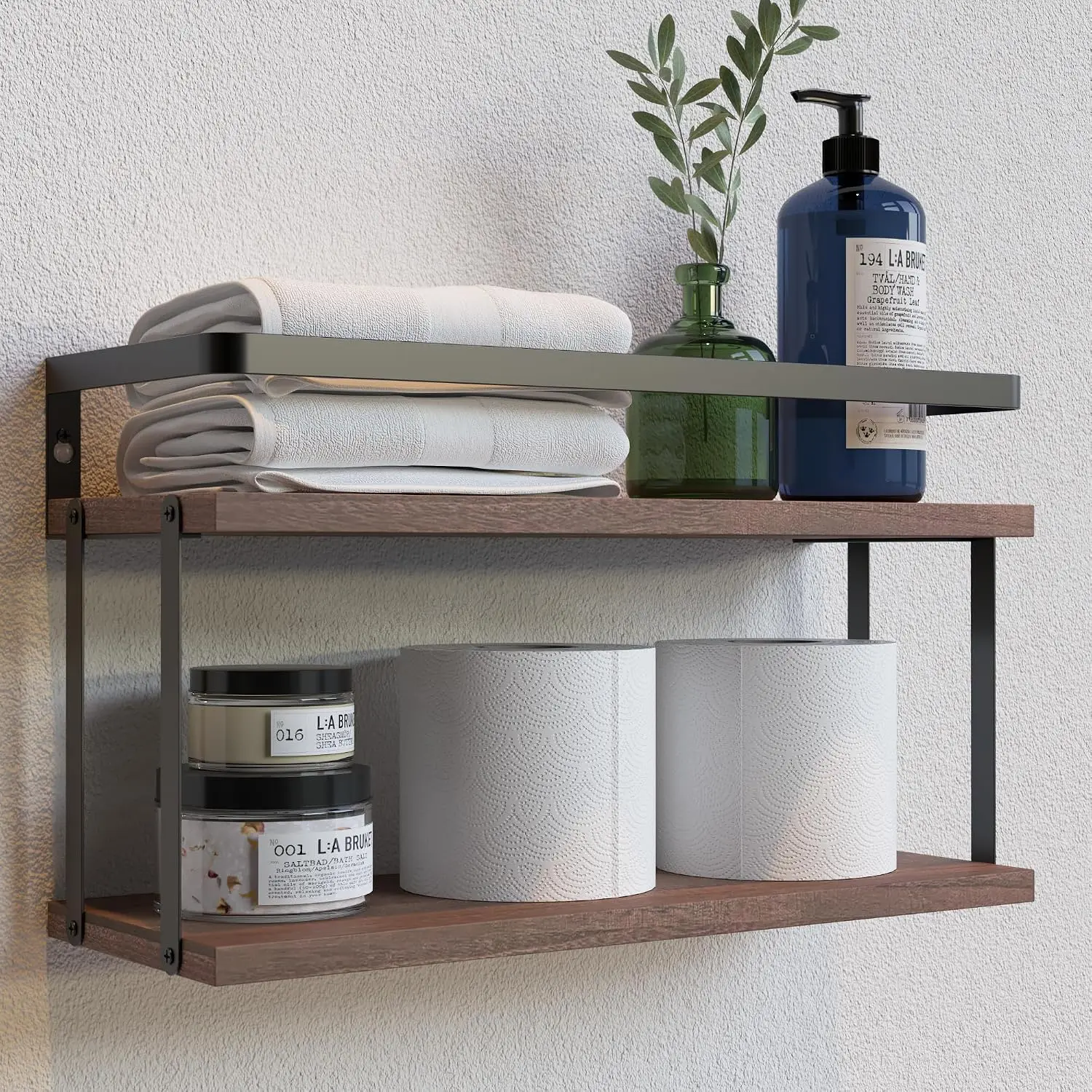 Dual Level Guardrail Wood Floating Bathroom Shelf