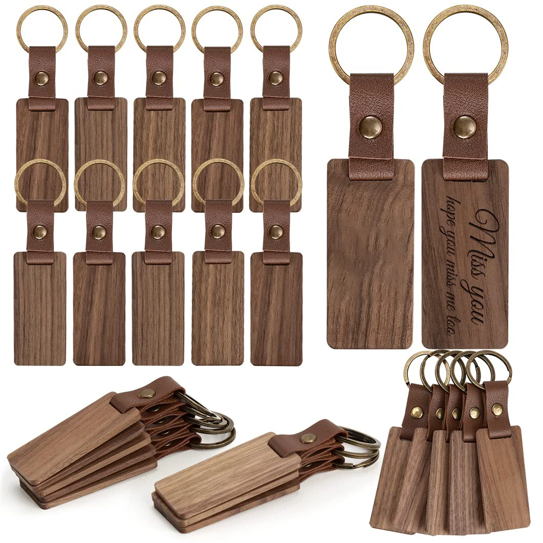 Leather Wood Keychain Blank with Leather Strap,Unfinished Wooden Keychains for Laser Engraving,DIY Various Key Tag Crafts Gift