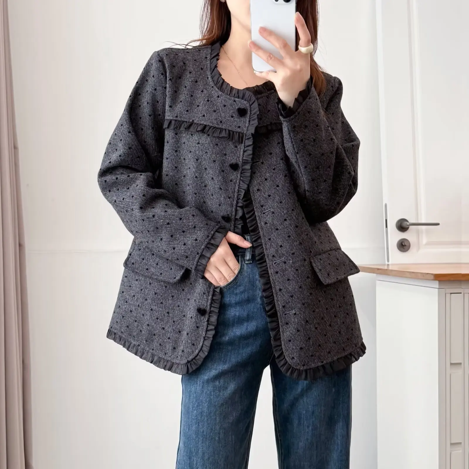 

XXXXL Fashion Plus Size Women's Woollen Coat 2025 Autumn New Lace Polka Dot Tweed Jacket 546