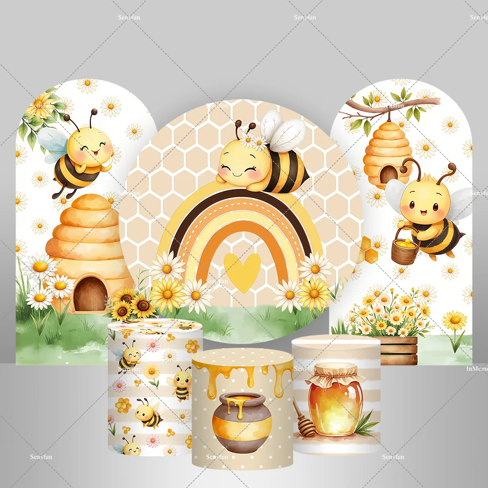 Flowers Rainbow Bee Theme Kids Newborn 1st Birthday Party Round Backdrop Girls Sweet Bee Day Arch Backgrounds Plinth Covers