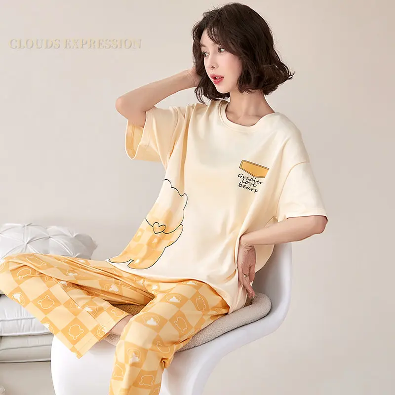 Summer Big 5XL Pajama Sets Short Sleeved Cartoon PJ Knitted Plaid Sleepwear Women\'s Pajamas Loungewear Home Pijama Mujer Fashion