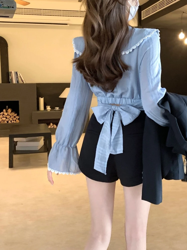 

Женская рубашка с милым бантом и повязкой на талии, облегающие женские топы с длинными рукавами, новинка 2025, модная короткая блузка из сращенного кружева с v-образным вырезом