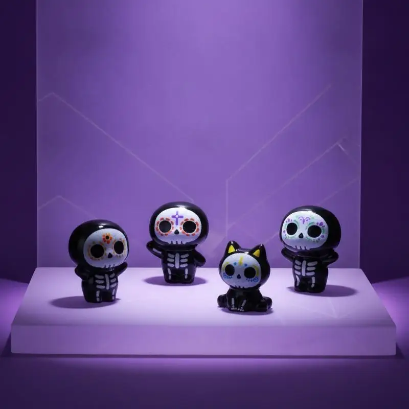 6Pcs Cute Mini Resin Sugar Skull Statues Adorable Cartoon For Halloween Decor