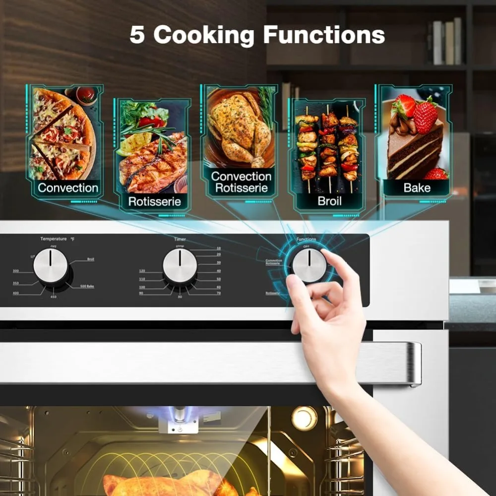 Functions and Rotisserie, Built-in Wall Oven with Mechanical Knobs Control, Stainless Steel