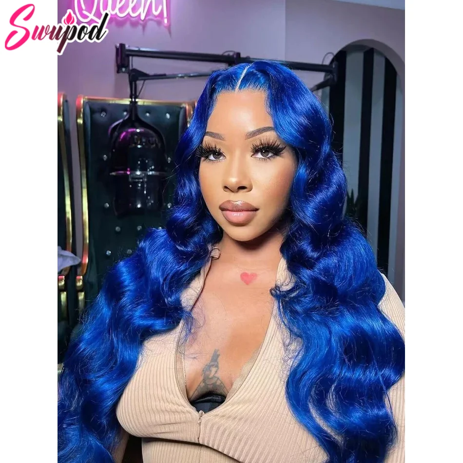 250% 36 Inch Pure Blue Straight 13x4 Lace Front 13x6 Lace Frontal Body Wave Human Hair Wigs Pre-plucked Blue Colored