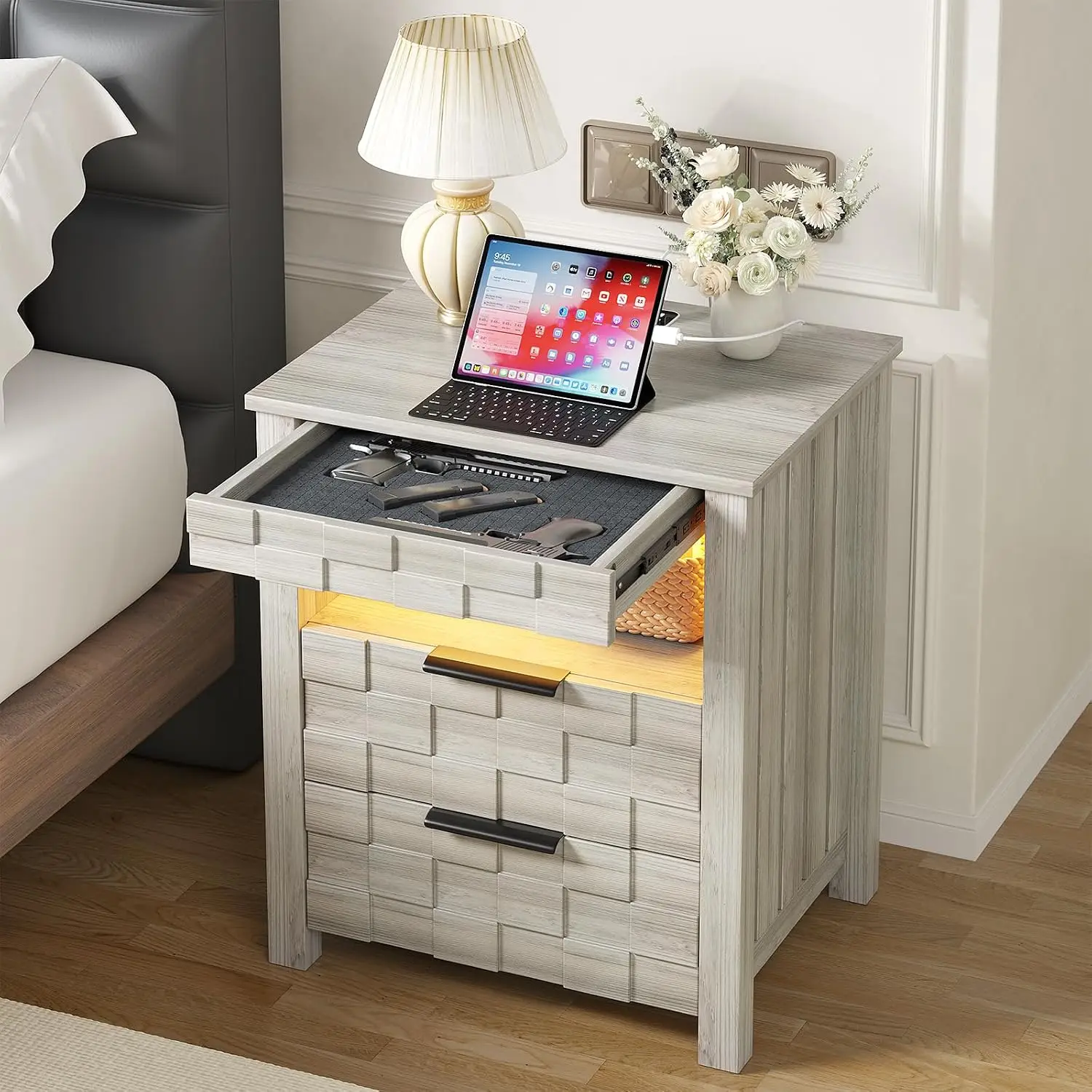 Gun Nightstand with Charging Station & 3 Drawers | Smart 3-Color Motion Sensor LED Lights, Hidden Safe Compartment,, Customized