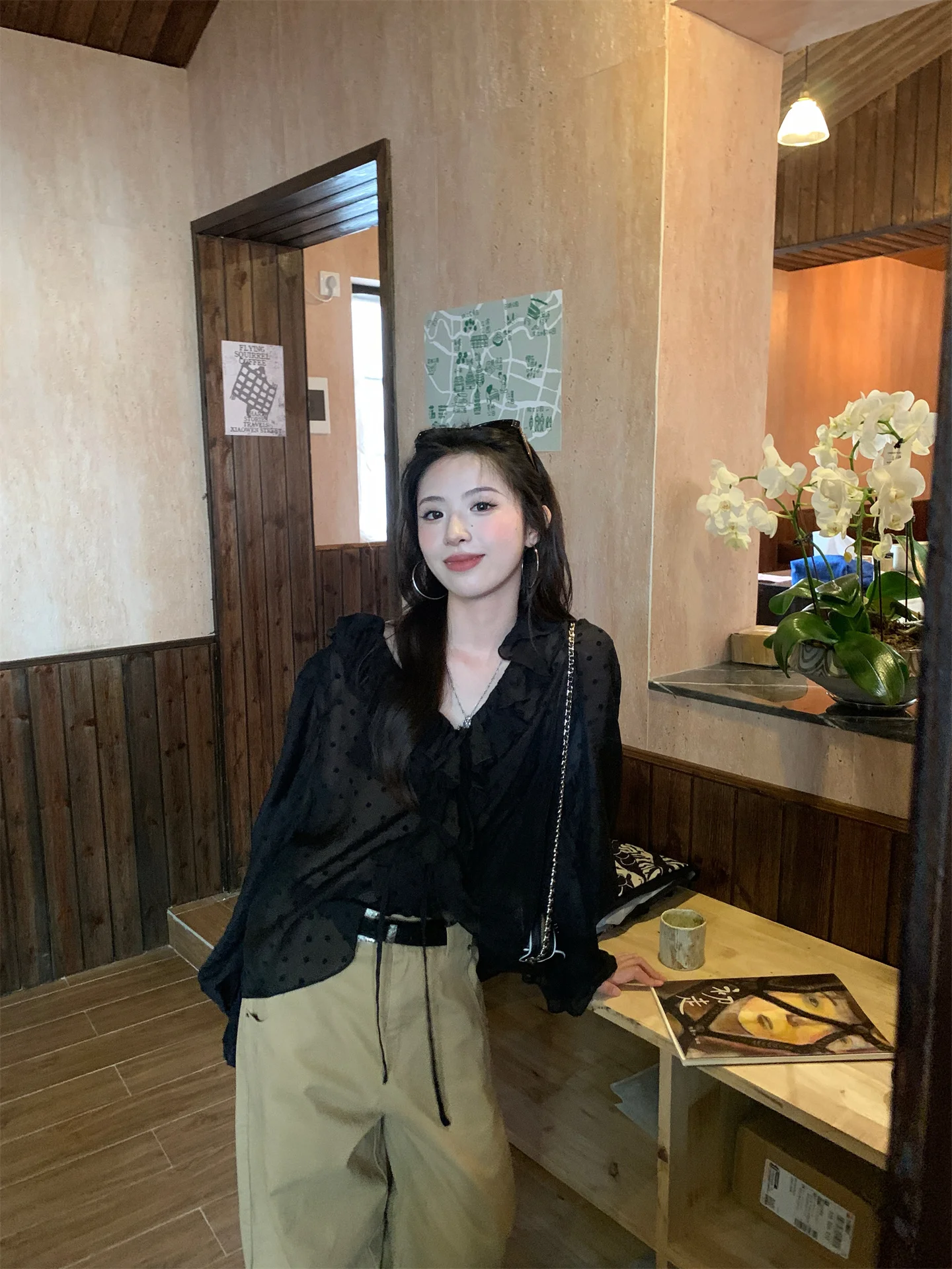 

Chic V-ne Bubble Sve irt Women's Loose Fit Polka Dot Spring Top Breathable Long Sve Korean Sle Office Wear