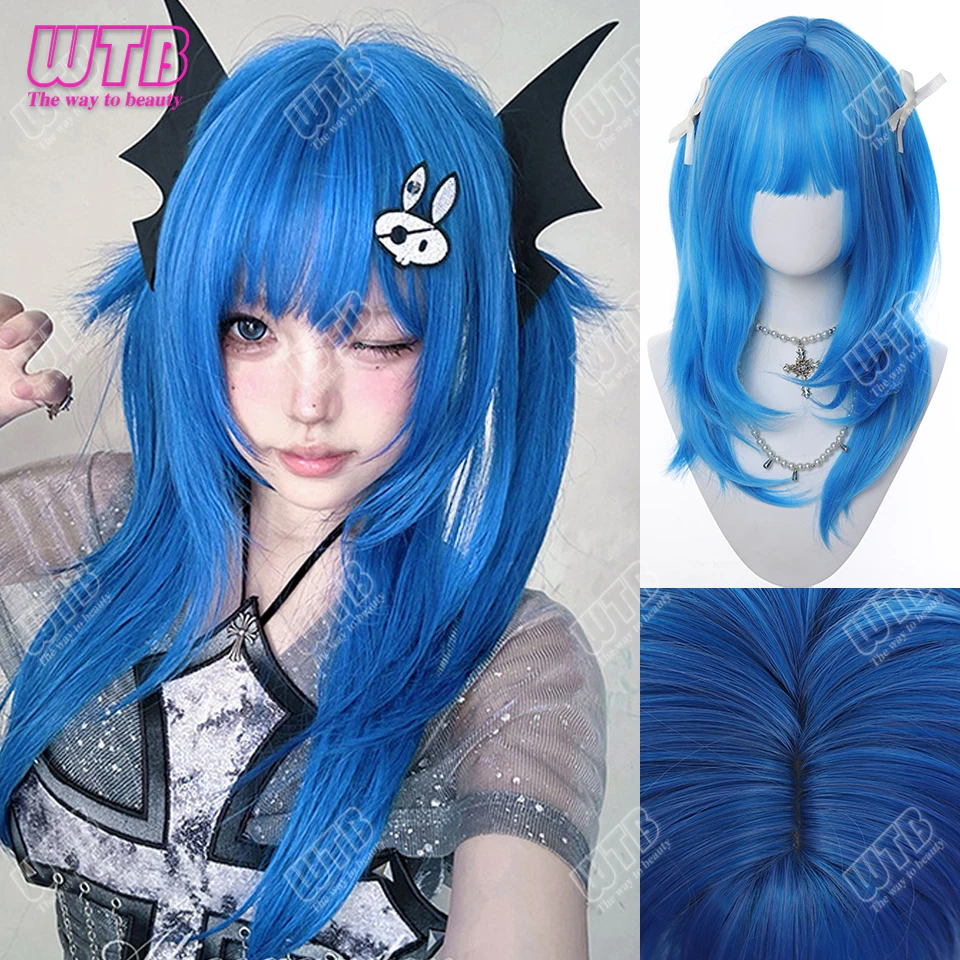 

24-дюймовый синий цвет, синтетические парики для косплея с челкой, парик из натуральных прямых волос для женщин, термостойкий парик для косплея
