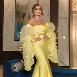 Luxury Pearls Dubai Arabic O-Neck Evening Dress 2023 Mermaid Long Puff Sleeves Formal Prom Wedding Party Gown for Womencustomize