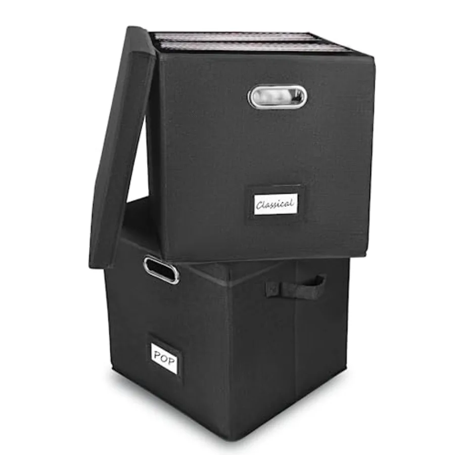 

Vinyl Record Storage Box Set of 2 - Album Storage Holds 100+ Single Records, Decorative LP Storage Organizer Crate with Lid, St