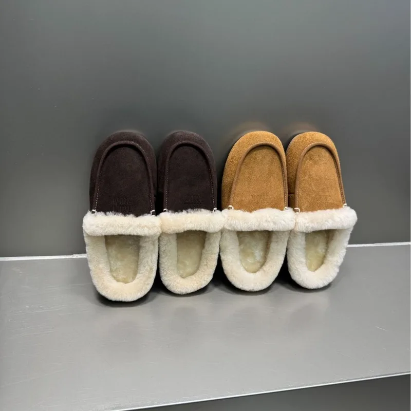 women's Sheepskin fur integrated outer wear bag head half slippers new flat bottom velvet bean shoes keep warm