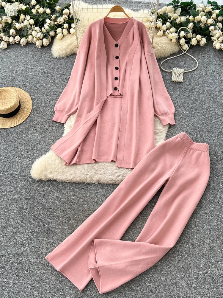 

Свободный вязаный кардиган, верхняя одежда, жилет Svel V-Ne, широкие брюки с высокой талией, комплект из футболки, повседневный ансамбль Faion