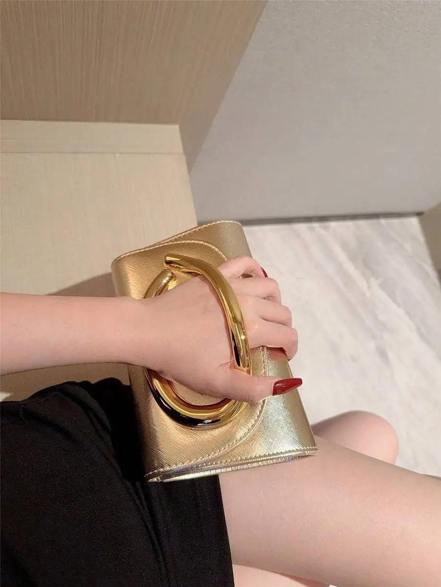 

Luxury Gold Mini Clutch With Bold Metal Ring Handle, Shiny Evening Bag For Wedding Party Prom And Special Occasions