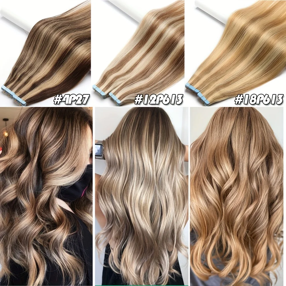 وصلات شعر بشري 12 بوصة -20 بوصة، 20 قطعة وصلات شعر غير مرئية ريمي شعر بشري غير مرئي 12 بوصة - 20 بوصة غراء أشقر بني #3