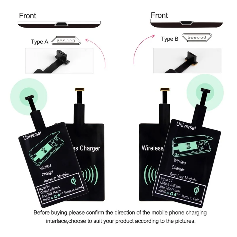 Receptor de cargador inalámbrico compatible con adaptador de carga inalámbrica rápida Micro USB tipo C para iPhone Samsung Huawei Xiaomi Ios Android