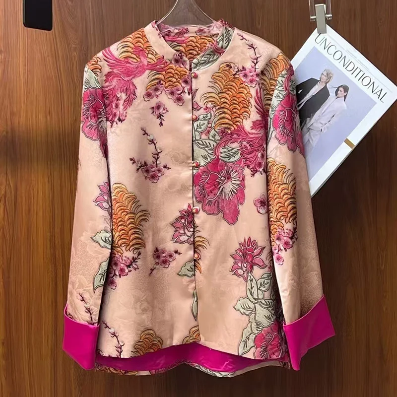 

High Quality Spring New Standing Collar Rayon Jacquard Chinese Style Button Top Contrasting Color Cuffs Women's Jacket S-XL