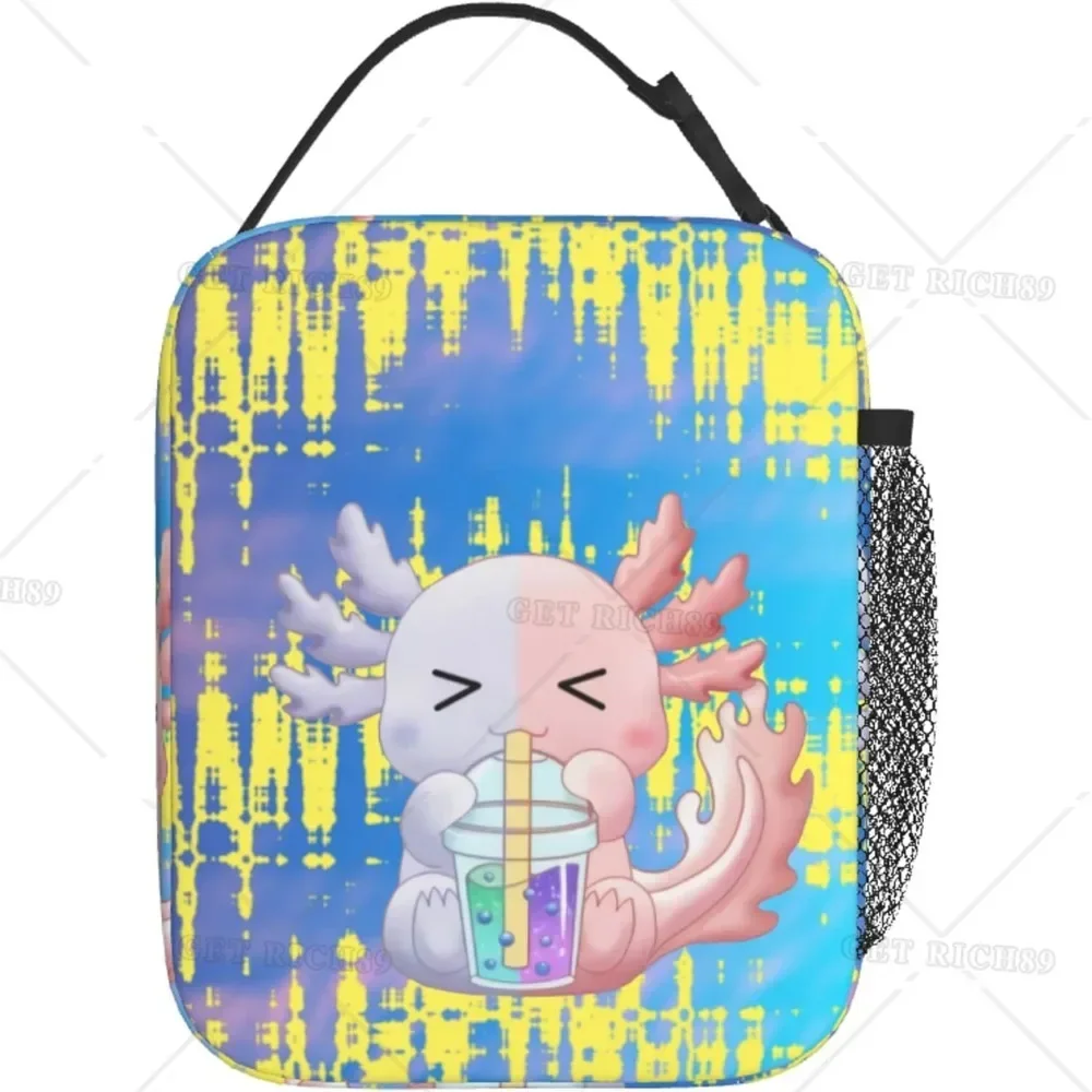 

Cute Axolotl Drinking Drinks Print Reusable Lunch Bag Insulated Tote Bag for Women Men Kids Lunch Box for Camping Work School
