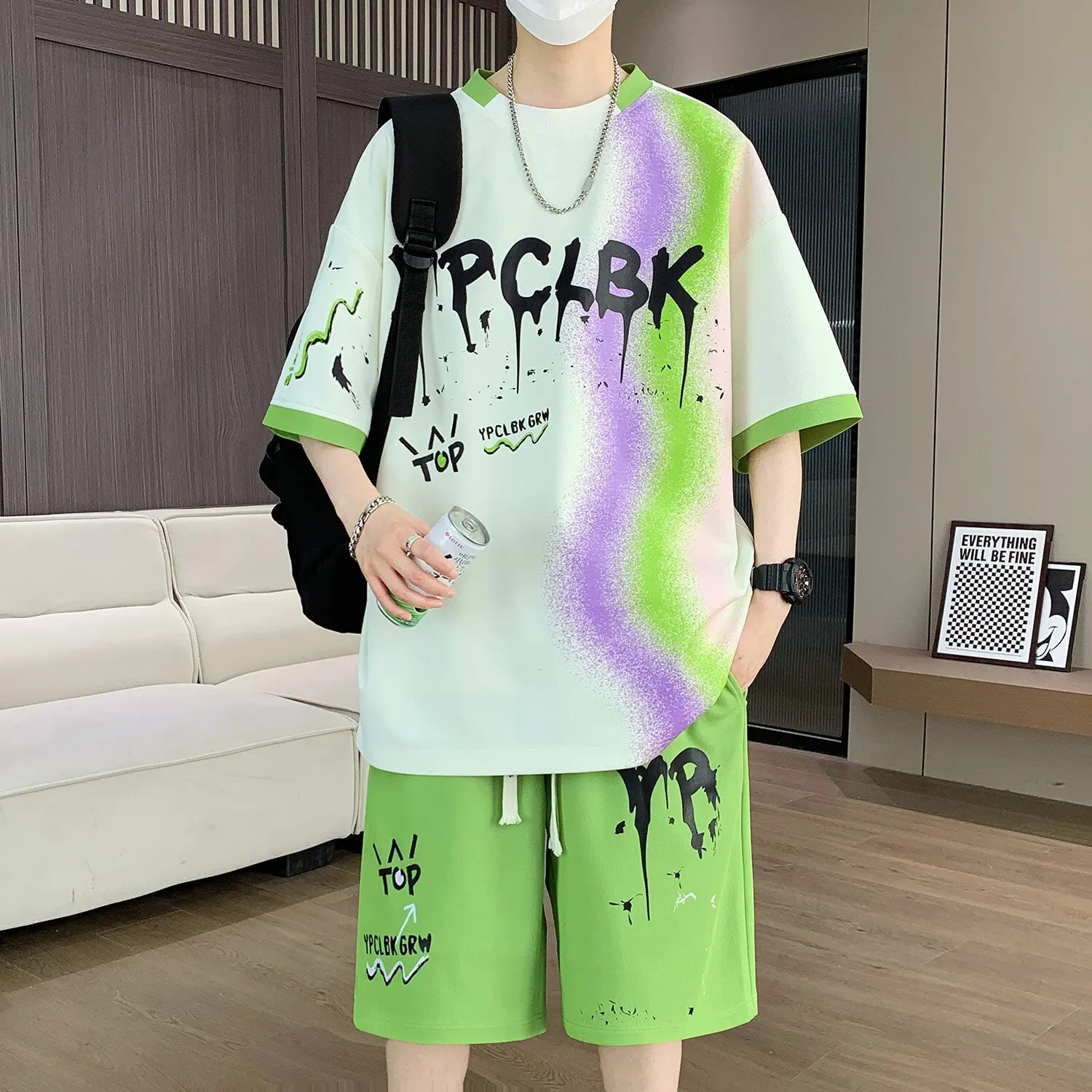 Summer Trend Printed Sports Fitness Short-Sleeved T-shirt Set For Men Loose and Comfortable Breathable Large Size Two-Piece Set