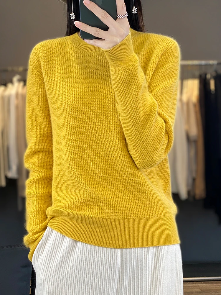 Sweater lengan panjang wanita, pakaian Sweater kasmir lengan panjang wol Merino Pullover O-Neck musim semi musim gugur 100%