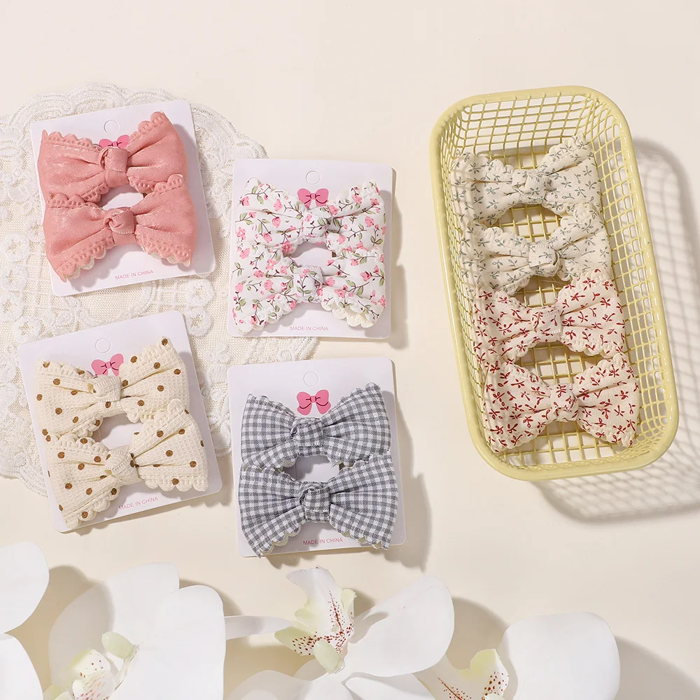 2pcs/set Cute Cotton Kids Bows Hair Clips For Baby Girls Plaid Flower Prints Summer Bowknot Hairgrips Barrette Hair Accessories
