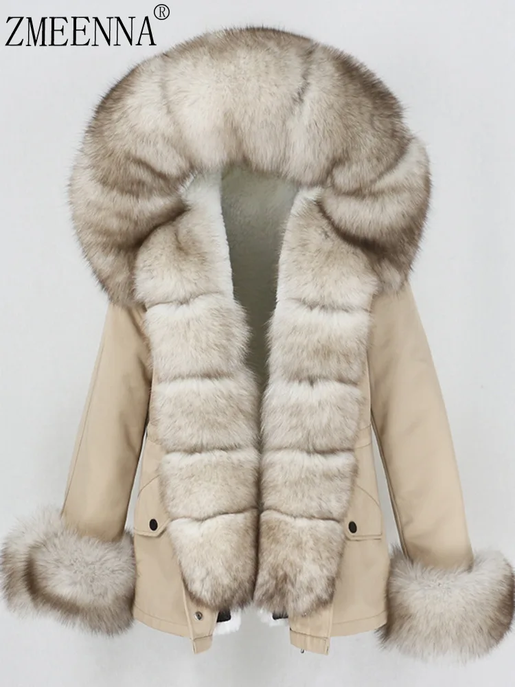 

ZMEENNA Luxurious Beige Faux Fur Lined Parka For Women Warm Hooded Winter Jacket With Plush Trim Stylish Outdoors ZM3611