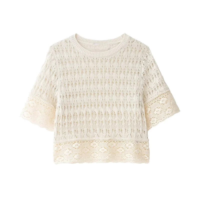 

Summer Women's Knitted Top 2026 New Fashion Short Sleeved Round Neck Hollow Knitted Top Women's Clothing