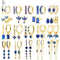 925 Sterling Silver Ear Buckles Fashion Hoop Earrings Dark Blue Crystal Pendant Gold Earrings High Women's Jewelry Luxury Gifts