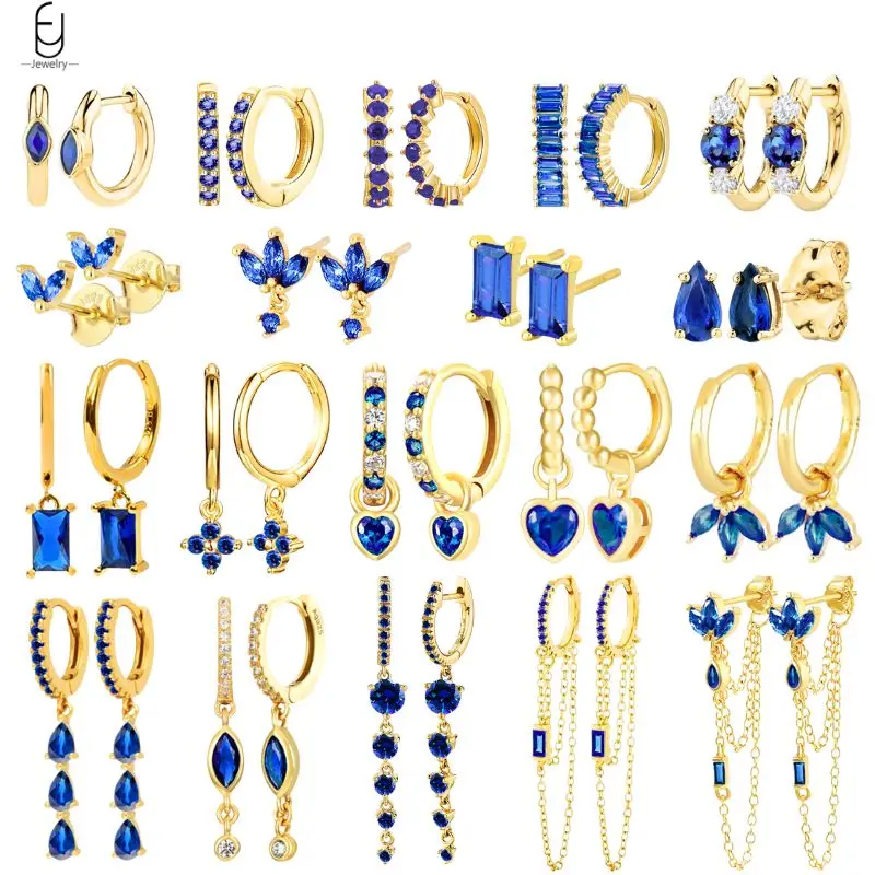 925 Sterling Silver Ear Buckles Fashion Hoop Earrings Dark Blue Crystal Pendant Gold Earrings High Women's Jewelry Luxury Gifts