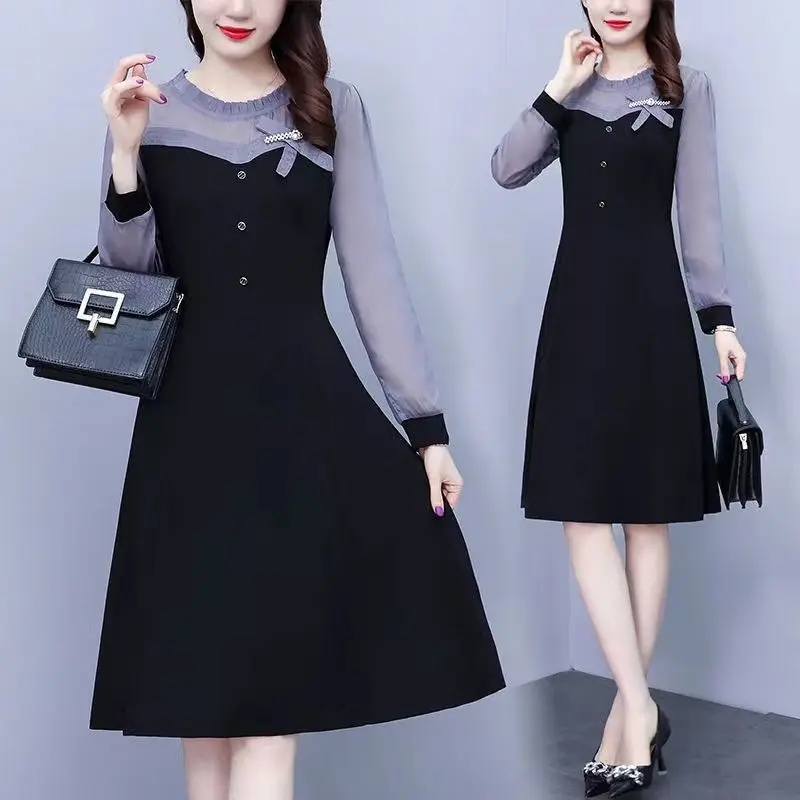 Vintage Black Patchwork Button Dress Round Neck Long Sleeve High Waist Slim Vestidos Korean Elegant Midi Dresses Women Autumn