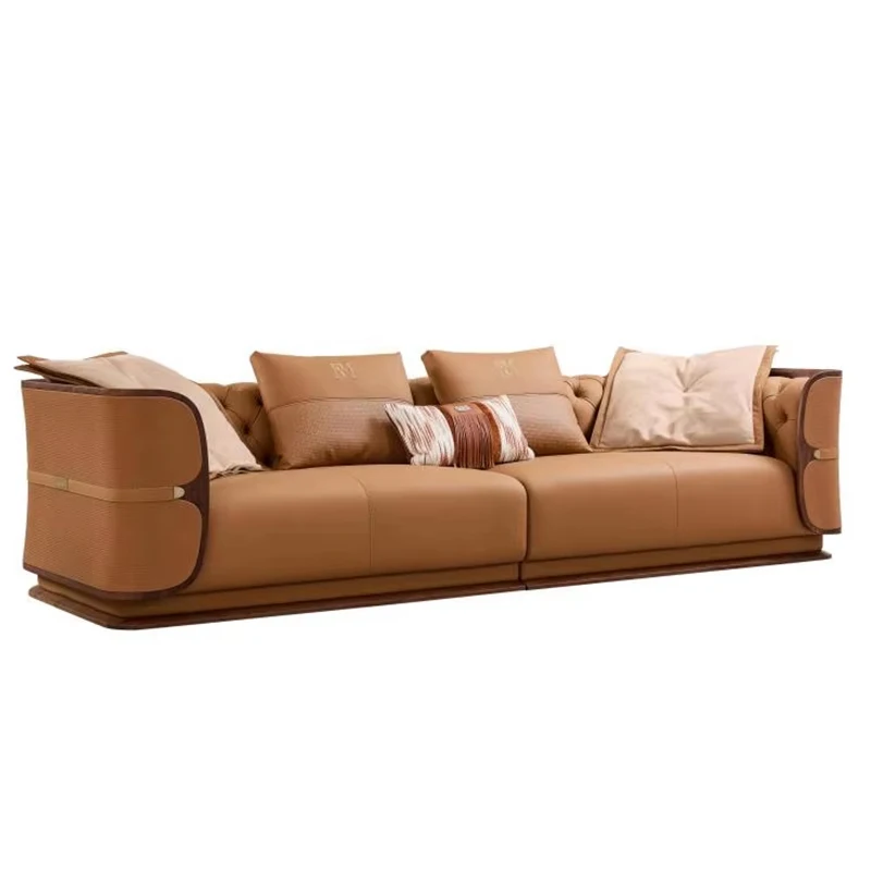 #Modern Three Seat North American Walnut Sofa with Vertical Tufting Full-Grain Leather on Solid Wood Frame Custom Sizes