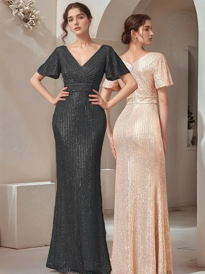 

Сплошное цветное сексуальное вечернее платье с v-образным вырезом и блестками, элегантное вечернее платье, свадебное женское платье подружки невесты, слегка эластичное