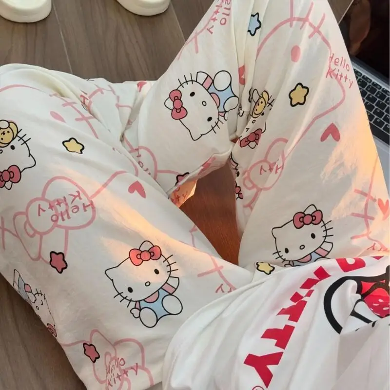 

Hello Kitty Sanrio Women's Long Sleep Pants Breathable Thin Fabric Women Home Wear Cute Cartoon Summer Loose Nightwear Set