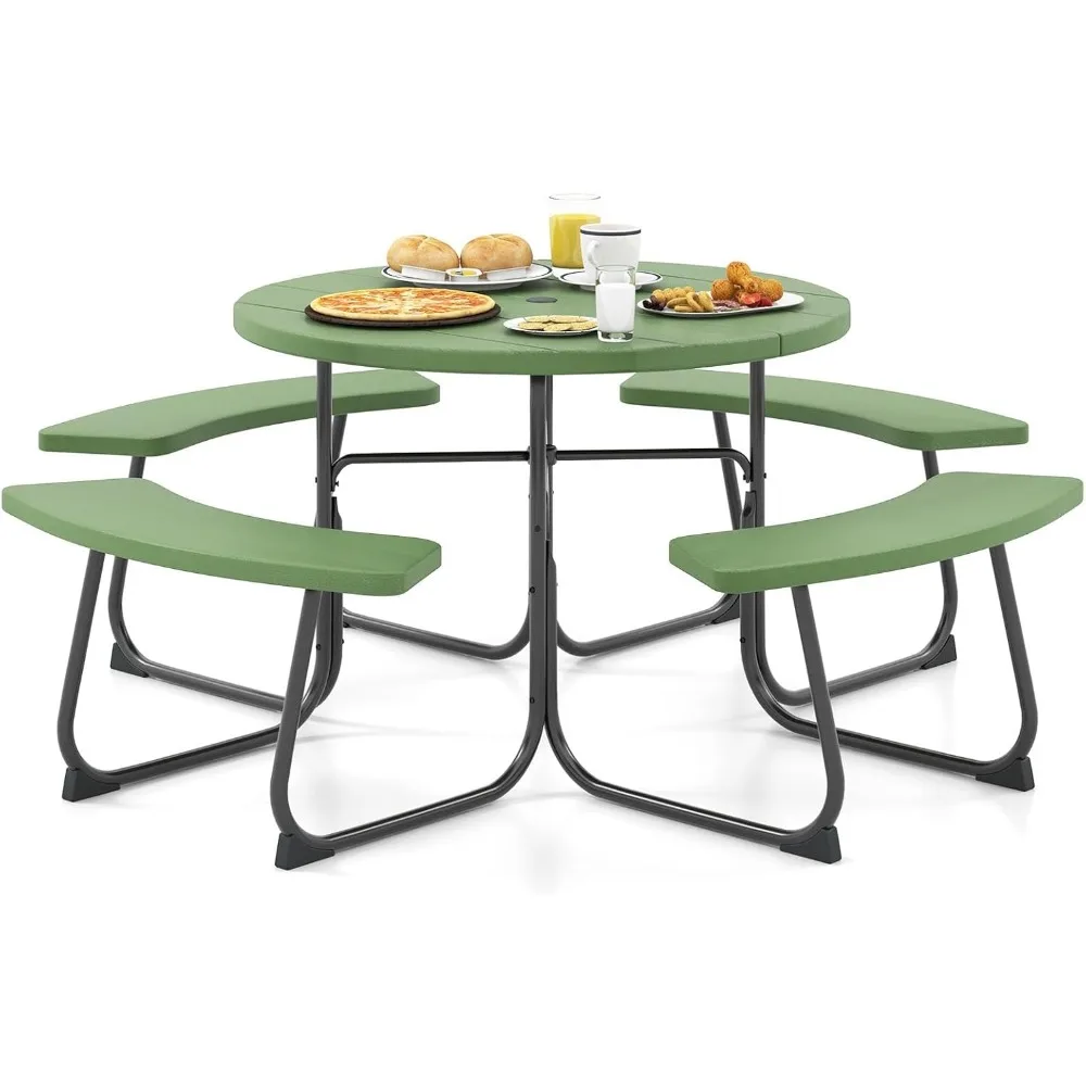 

HOMGX 8 Person Picnic Table Set, Round Outside Table Bench Set w/ 4 Built-in Benches & Umbrella Hole, 2000LBS Capacity, Metal Fr