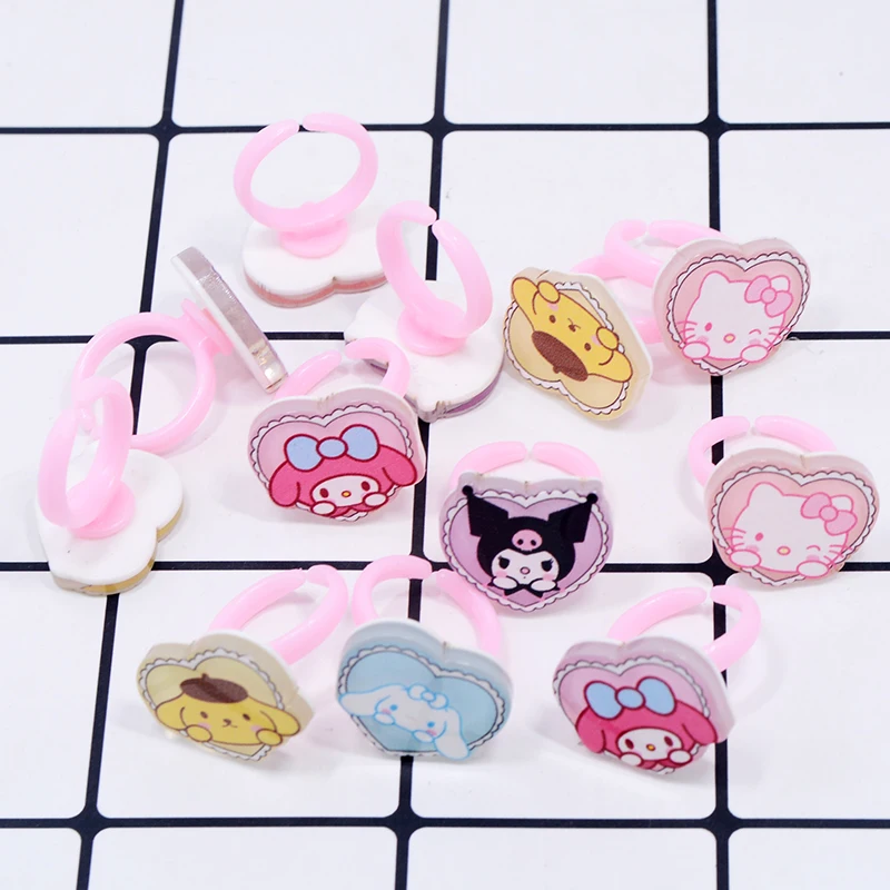 10/20pcs Cartoon Sanrio Ring heart shape Kuromi Hello Kitty Melody Kawaii Anime Cinnamoroll Adjustable Ring Toy Gift