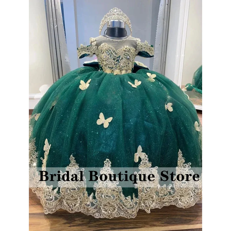 

Green Flower Girl Dress for Wedding Gala Dress for Kids Off Shoulder Gold Applique Birthday Party Ball Gowns with Butterfly