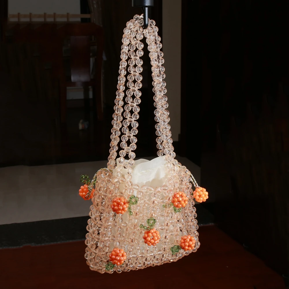 Jelly Clutch Bag Handmade Bags Luxury Designer Girl Beaded Woven Handbag for Woman 2022 Retro Orange Clear Crystal Beaded Bag