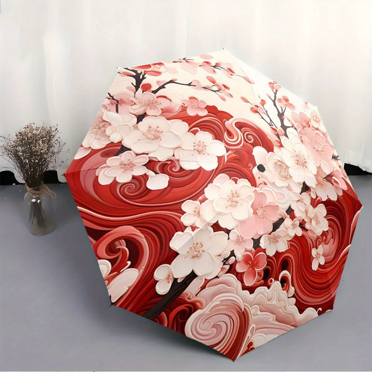 

Women's Cherry Blossom Umbrella - Open/Close, Folding Umbrella with 8-Rib Compact Travel Design, Elegant Floral Pattern in Red