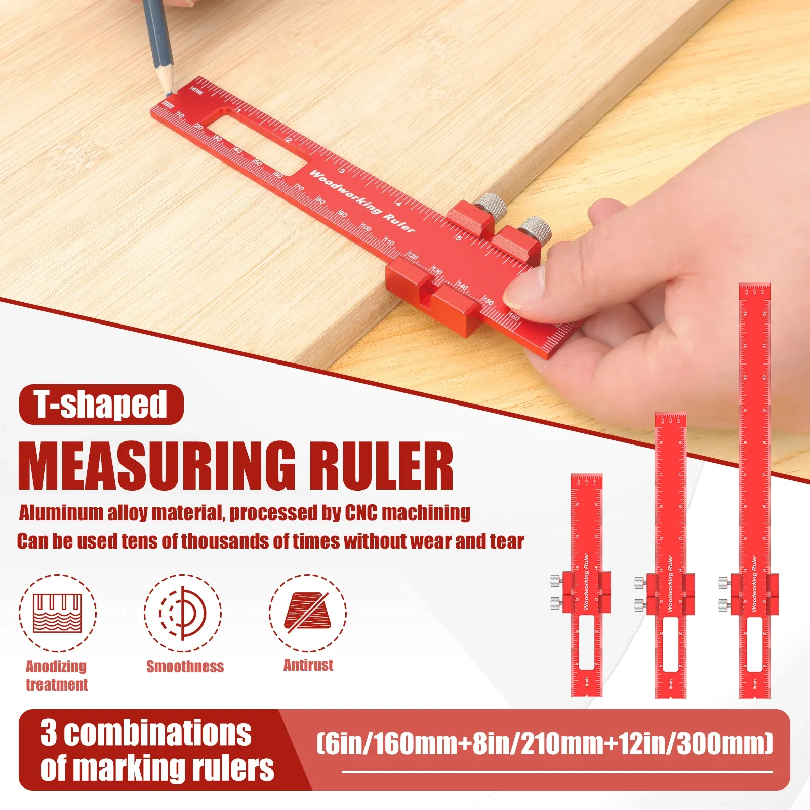 3Pcs Woodworking Ruler Precision Wood Marking Ruler T Track Woodworking Scribing Ruler 6/8/12 Inch Woodworking Measuring Ruler