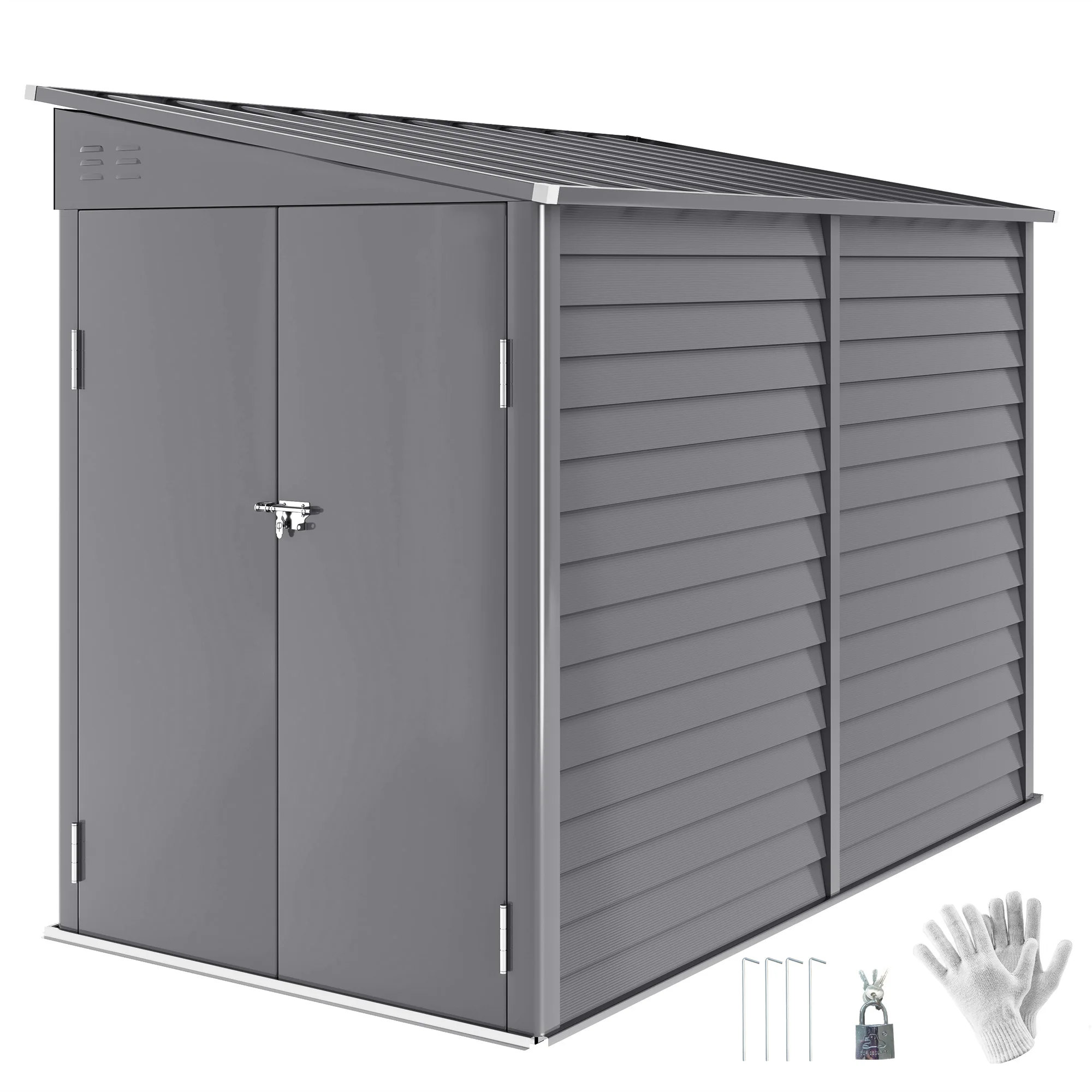 4.6' X 9' Outdoor Storage Shed, Lean to Metal Shed with Foundation Kit, Lockable Doors and Gloves for Patio, Lawn, Gray