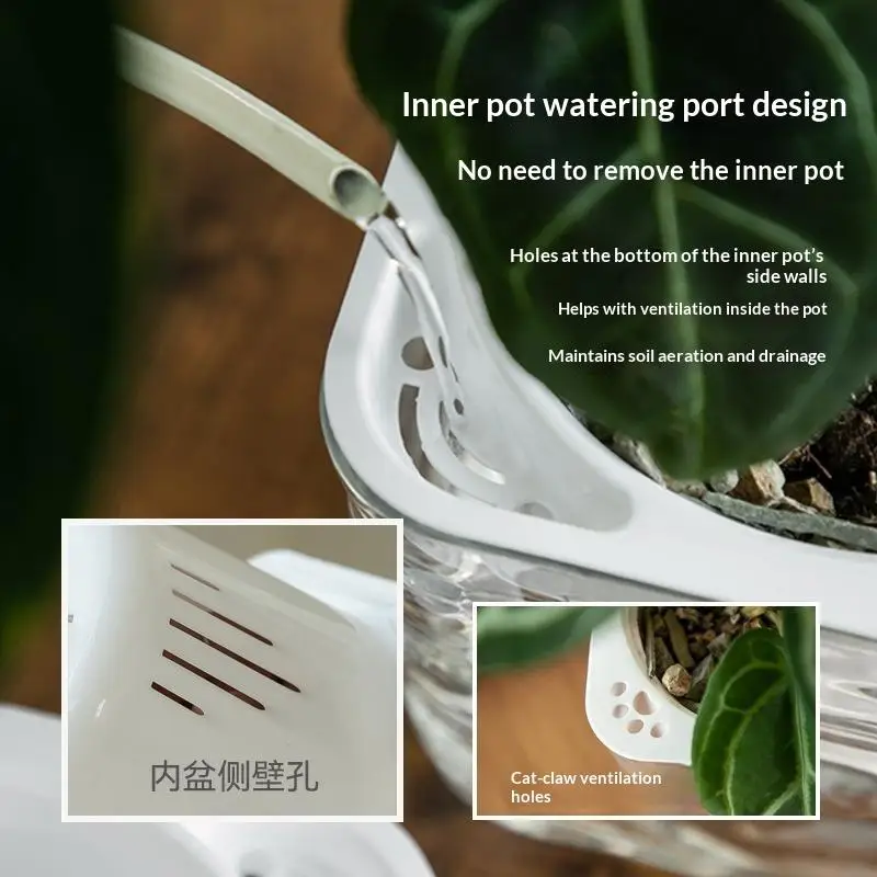 Thickened Clear PET Self Watering Plant Pot Glacier Texture Shatterproof For Indoor Houseplants Home Decor